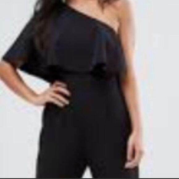 ASOS Pants - ASOS | Black Asymmetrical One Ruffle Shoulder Skinny Jumpsuit Women’s Size 2